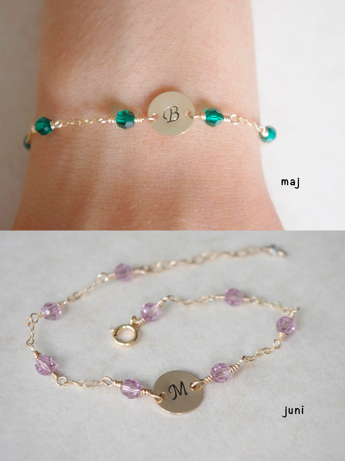 Armband 14k gold filled med bokstavsbricka och månadssten, present till en liten flicka