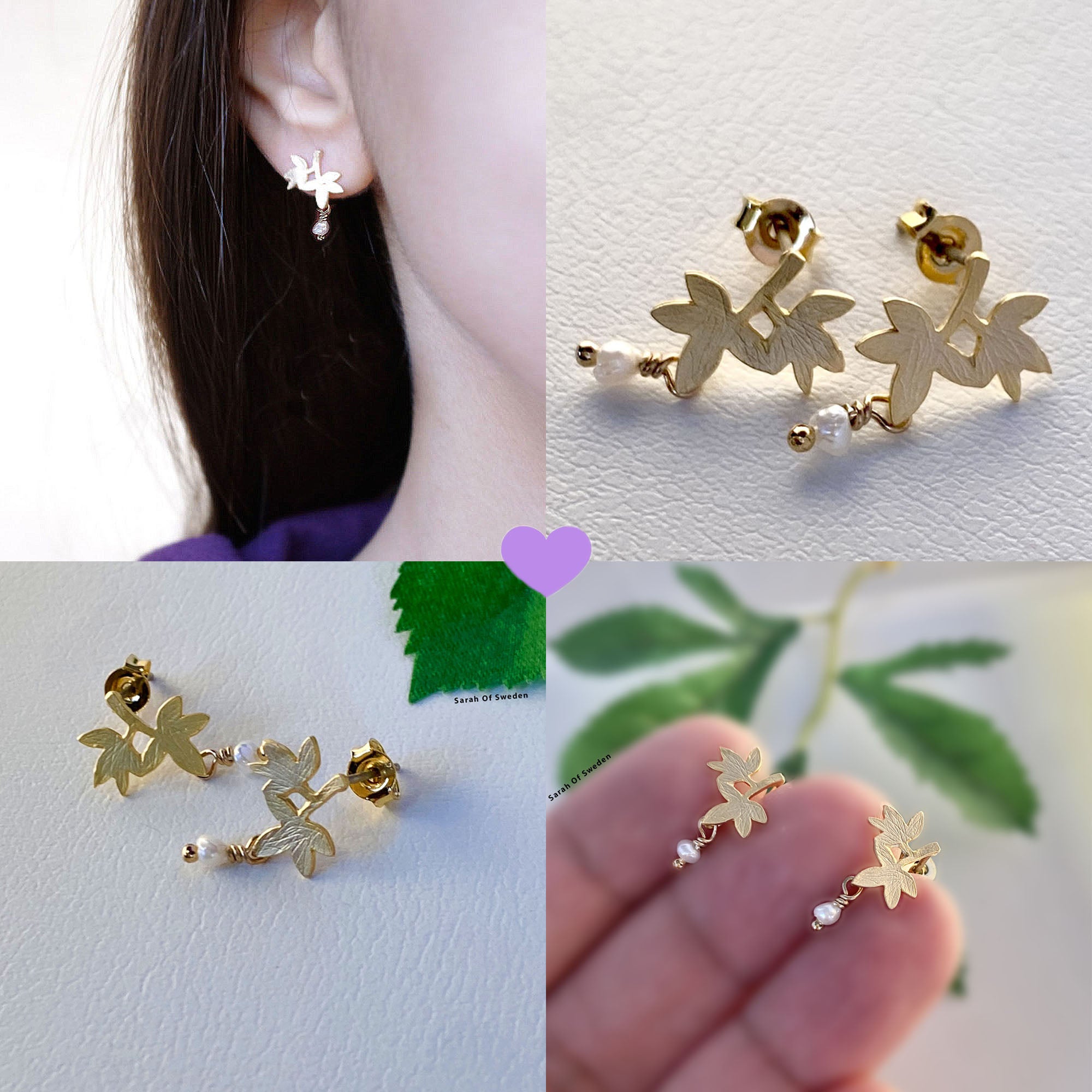 Kvist blad studs örhängen med sötvattenpärla