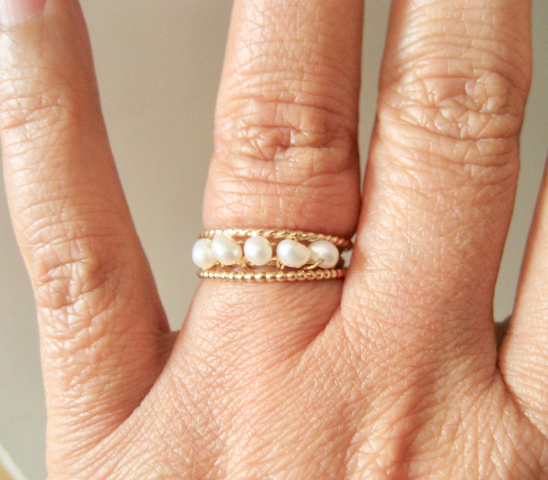 Set med 3 ringar slät ring med pärlor kulring twist ring i 14k gold filled