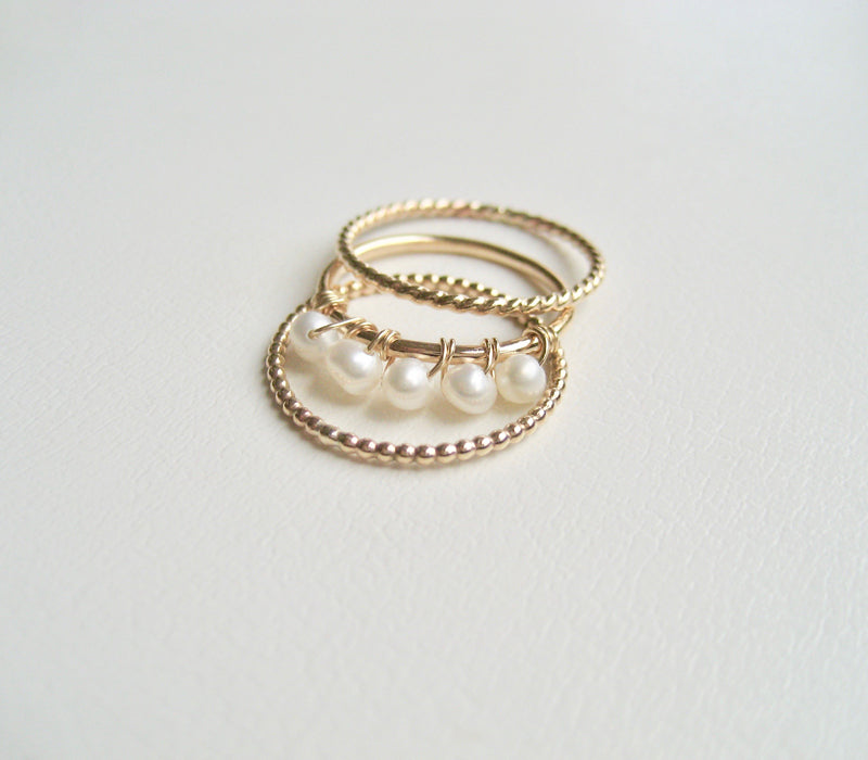 Set med 3 ringar slät ring med pärlor kulring twist ring i 14k gold filled