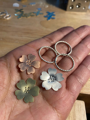 Ring med blomma äkta silver, ring silver koppar blomma, ring silver mässing blomma