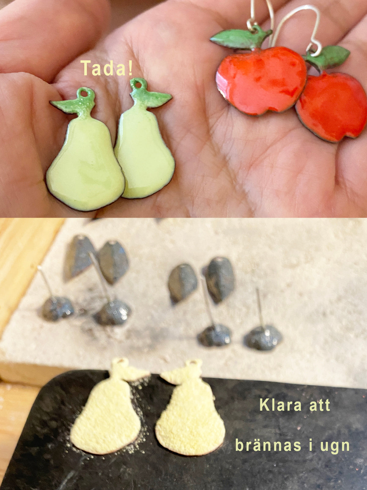 Gulgröna örhängen päron emalj, botaniska motiv örhängen