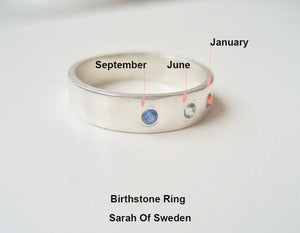Sterling silver ring med cz månadssten, Bred ring med stenar i cubic zircon