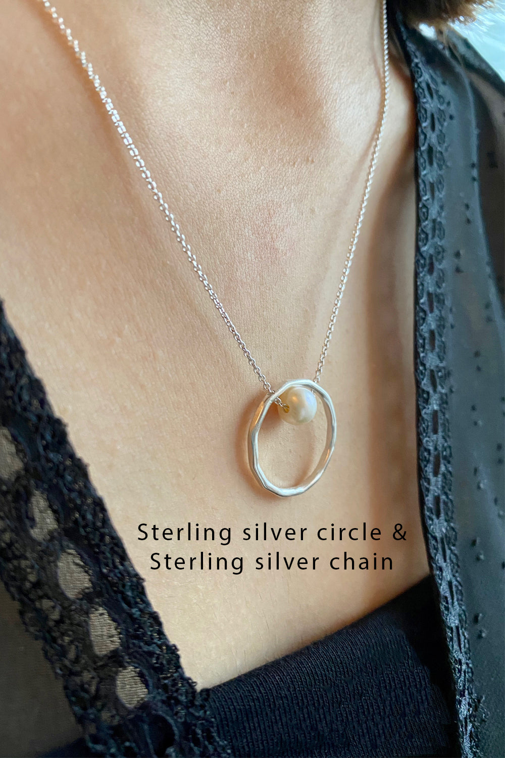 Halsband med hänge cirkel Sterling silver med pärla, Alla Hjärtans Dag, brudsmycken
