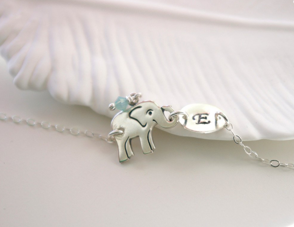 Armband elefant med bokstav och månadssten sterling silver