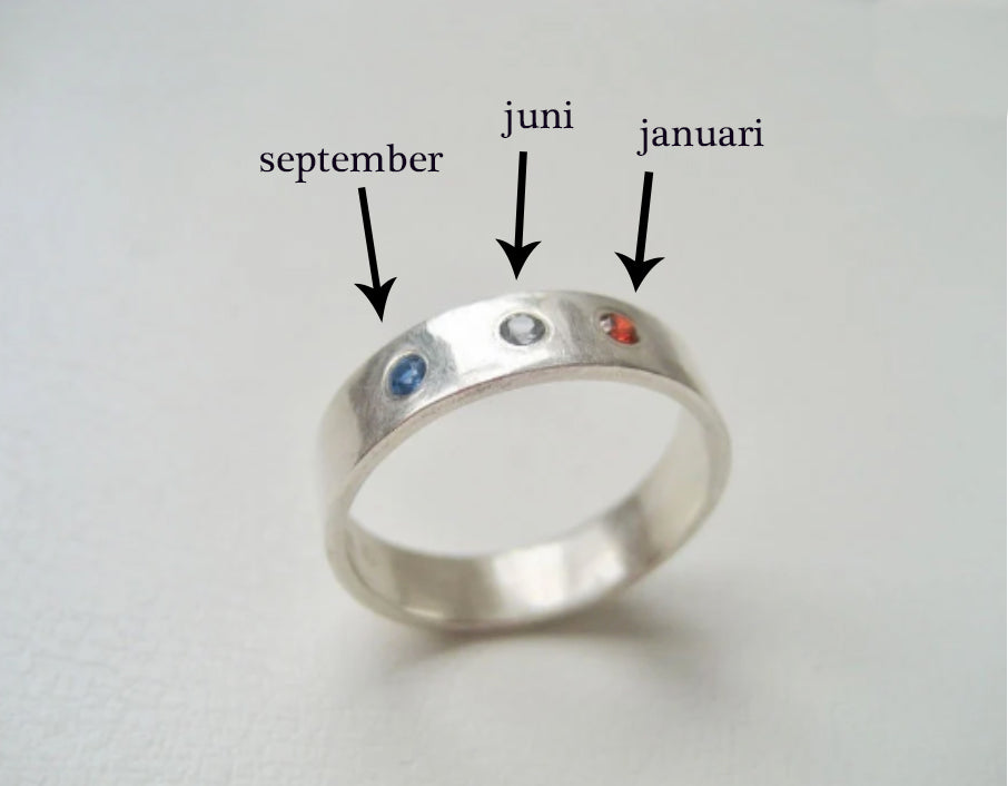 Sterling silver ring med cz månadssten, Bred ring med stenar i cubic zircon